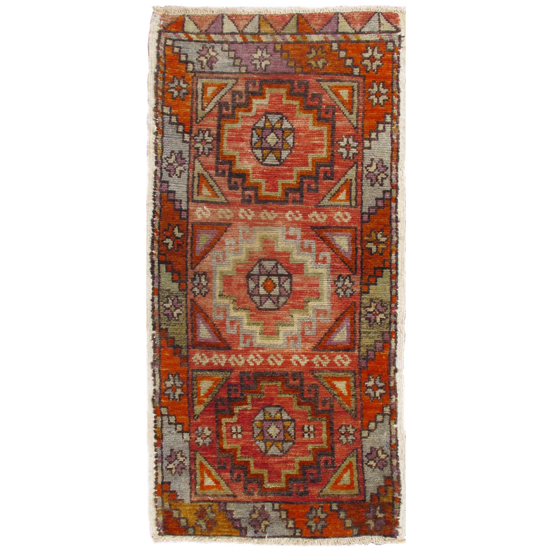 Colorful Vintage Yastik Turkish Oushak Rug with Geometric Diamond Design