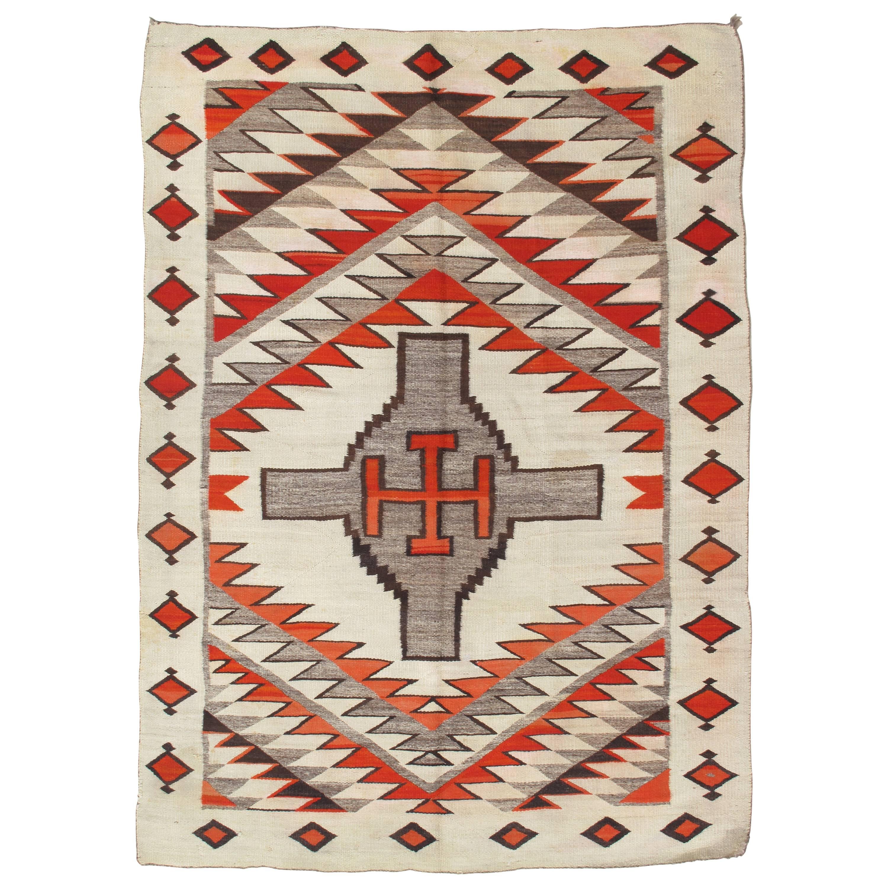 Antique Navajo Carpet, Folk Rug, Handmade Wool Rug, Tan, Coral, Beige