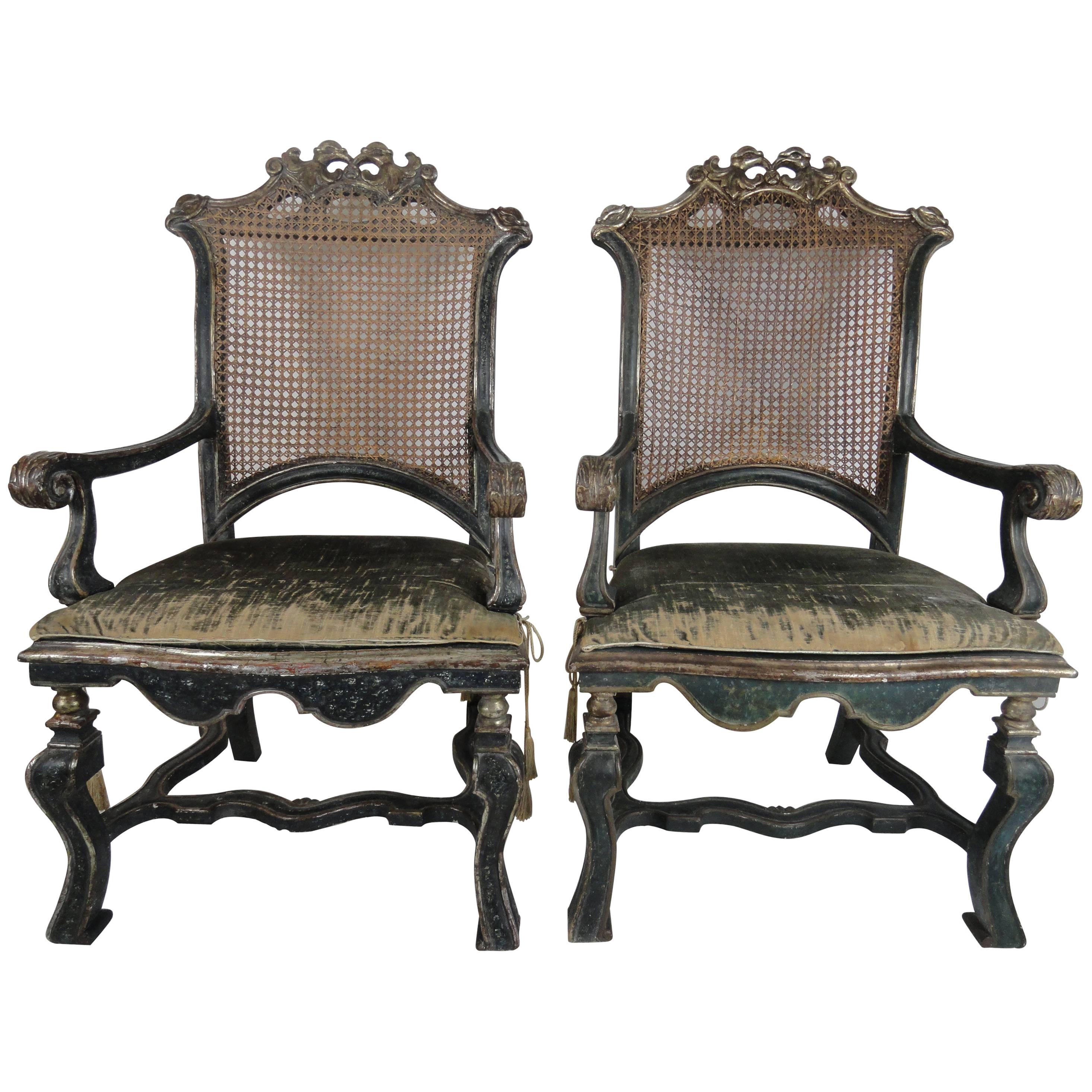 18th Century Pair Of Italian Louis XIV Caned Fauteuils For Sale