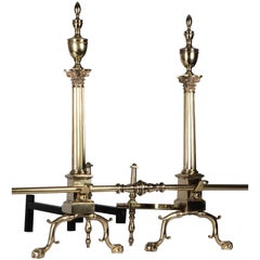 Brass Andirons with Fluted Corinthian Columns and Urn Form Finials, Circa 1920s