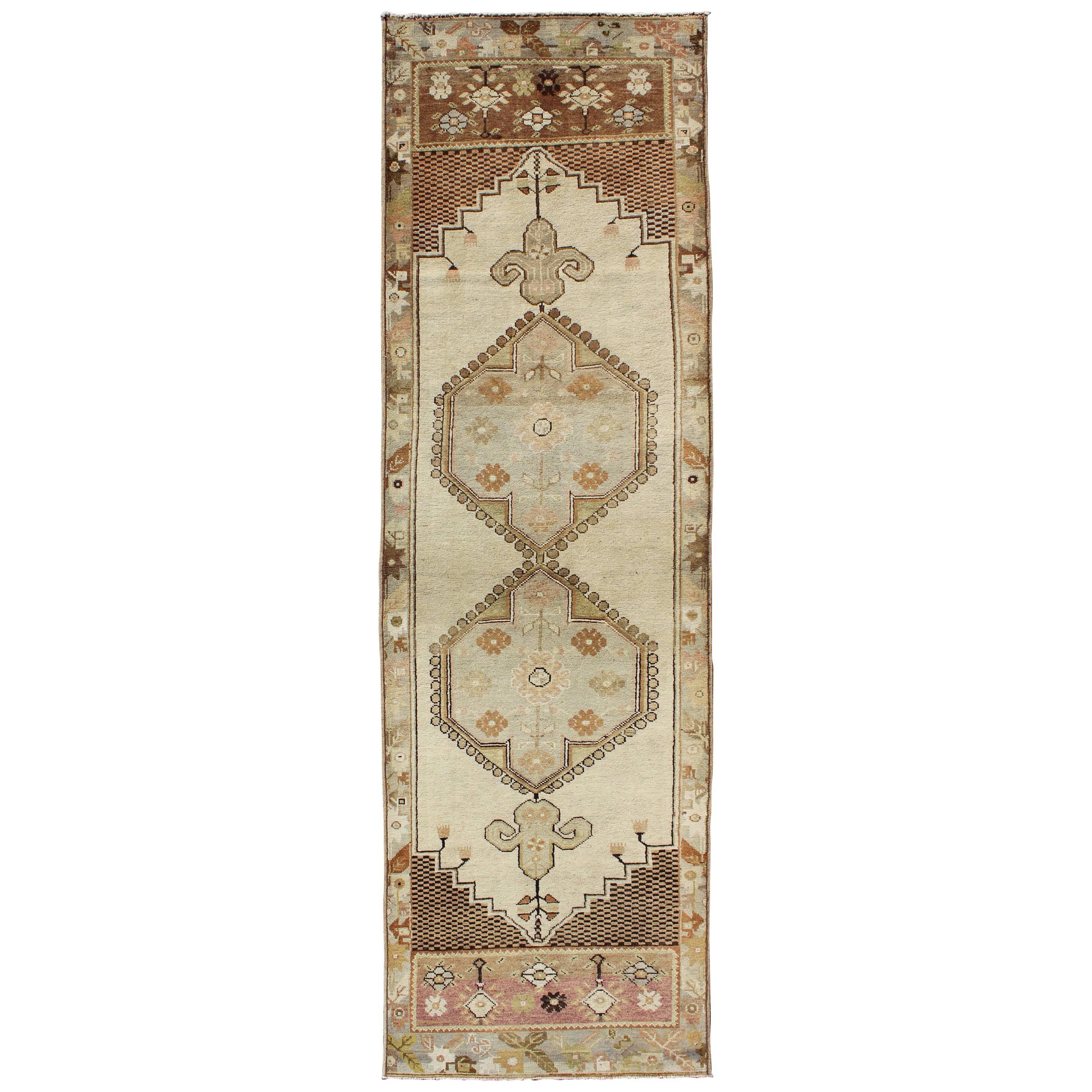 Regal Vintage Turkish Oushak Rug with Dual Medallion Design in Nude and Brown
