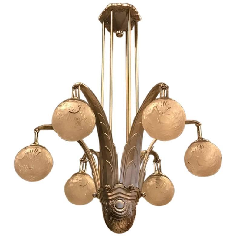 French Art Deco Chandelier Signed by Muller Freres Luneville