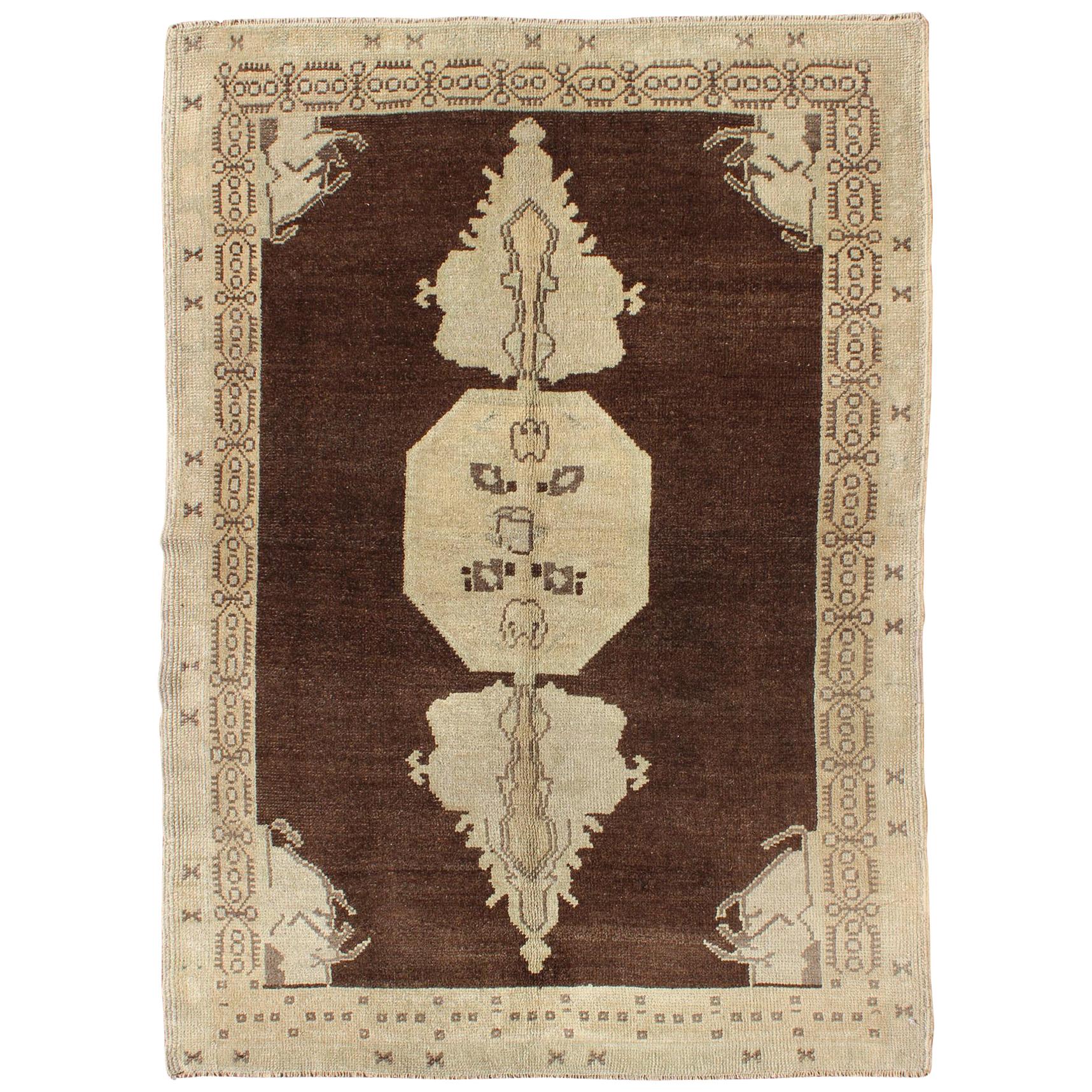  Brown and  Natural tone medallion design Oushak vintage rug from Turkey For Sale