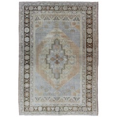 Periwinkle Blue and Tan Vintage Turkish Oushak Rug with Layered Medallion