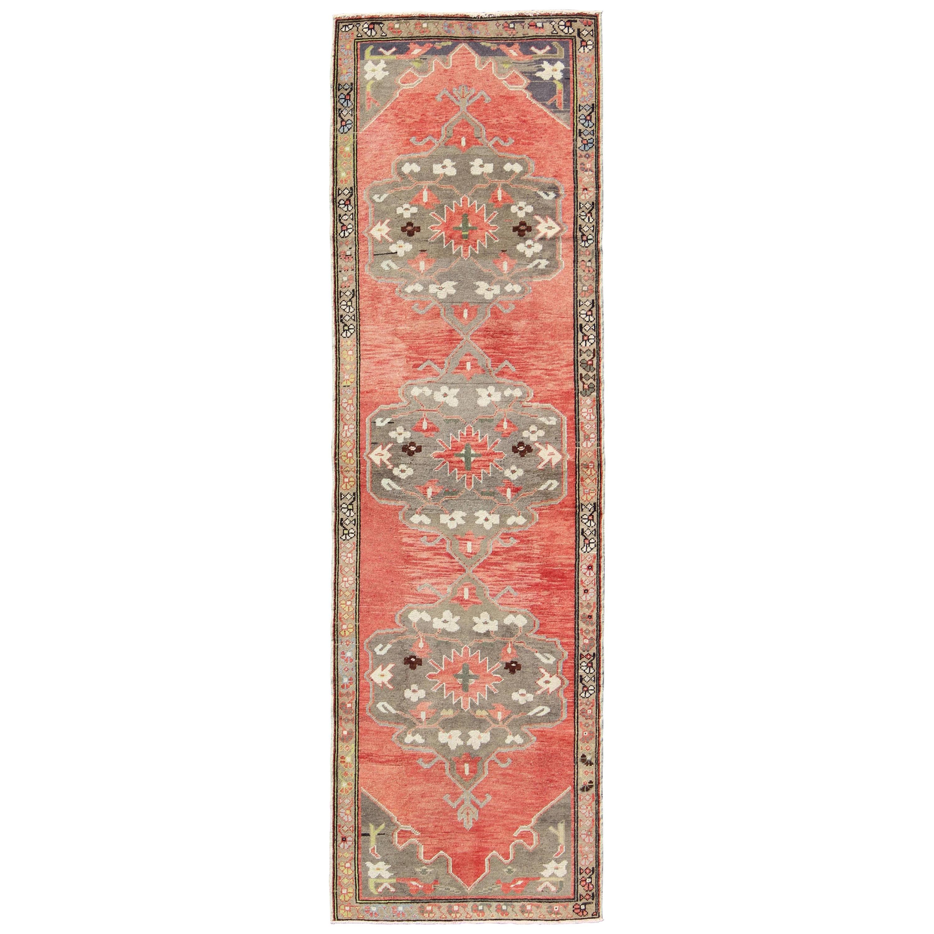 Three Medallion Vintage Turkish Oushak Runner in Red, Charcoal and Gray For Sale