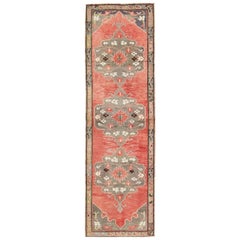 Three Medallion Vintage Turkish Oushak Runner in Red, Charcoal and Gray