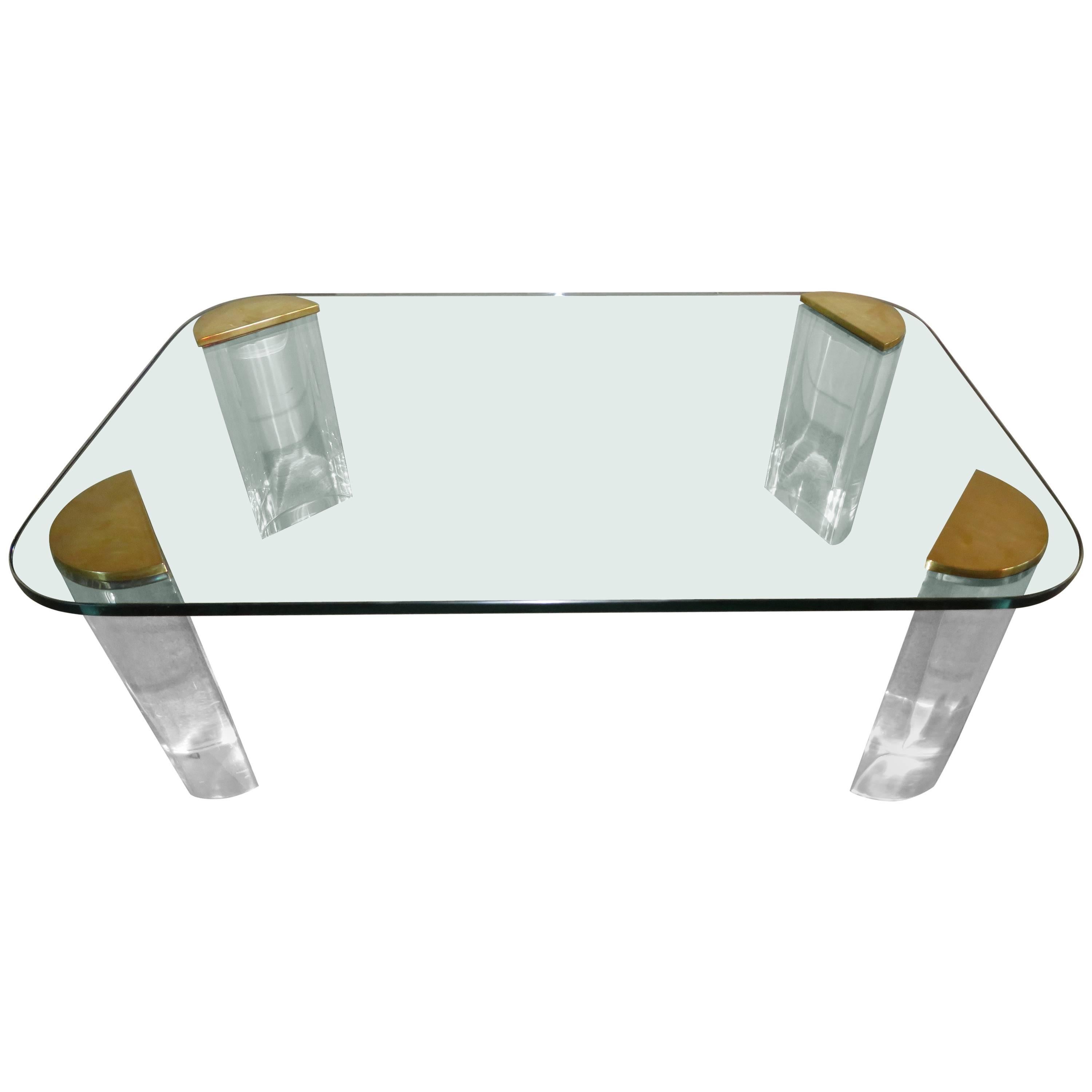 Chunky Lucite Brass Coffee Table Midcentury