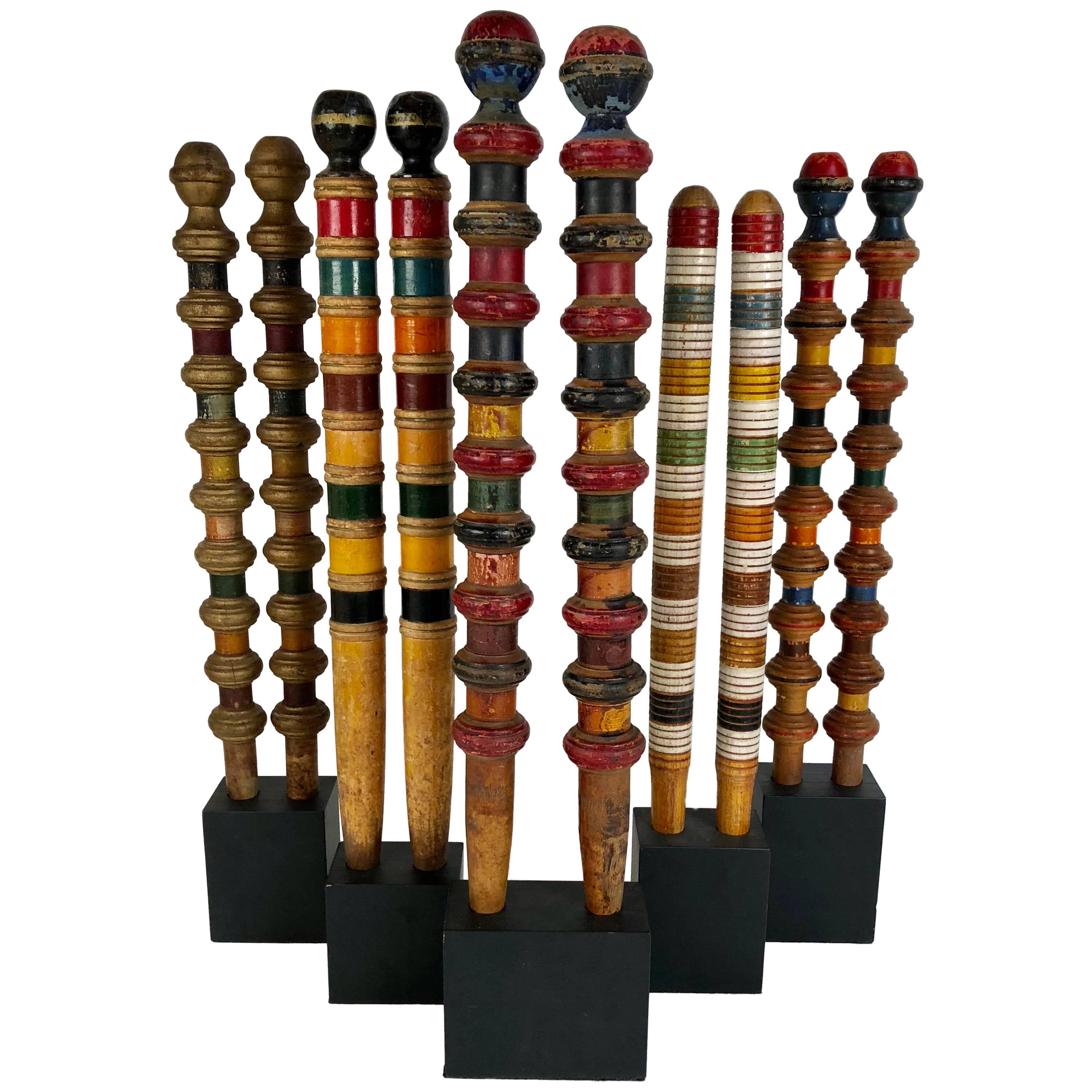 Collection of Antique and Vintage Colorful Croquet Posts in Custom Block Stands
