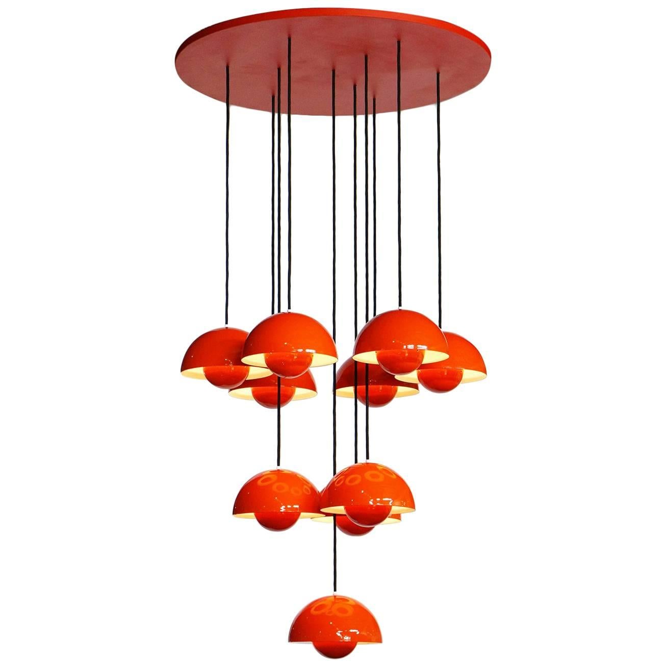 Verner Panton Light Fixture/Chandelier Made Up Ten Red Orange Flowerpot Lamps