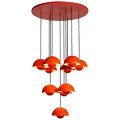 Verner Panton Light Fixture/Chandelier Made Up Ten Red Orange Flowerpot Lamps