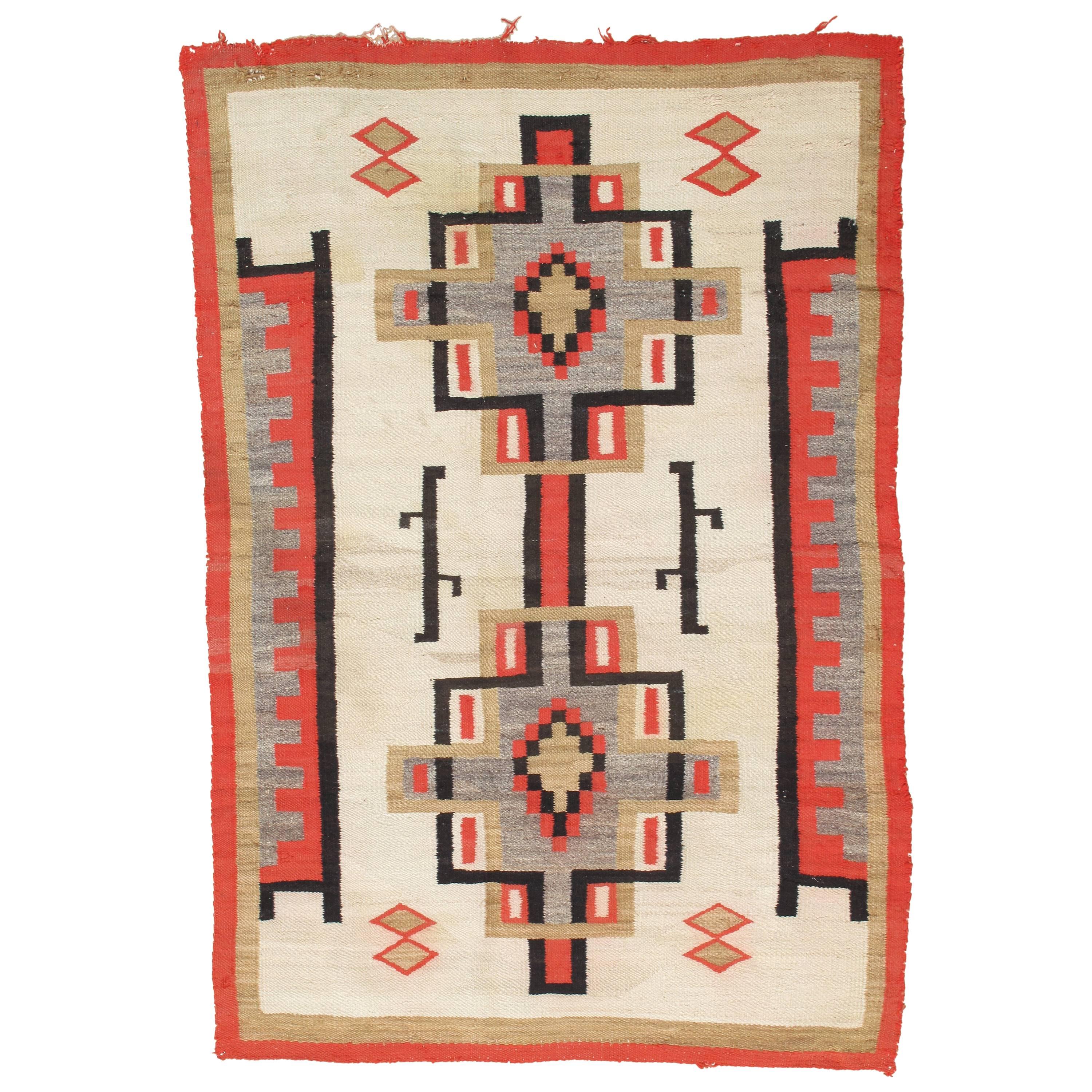 Antique Navajo Carpet, Folk Rug, Handmade Wool, Beige, Coral, Tan, Black