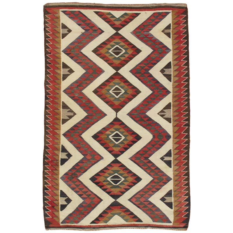 Antique Navajo Carpet, Folk Rug, Handmade Wool, Beige, Yellow, Green ...