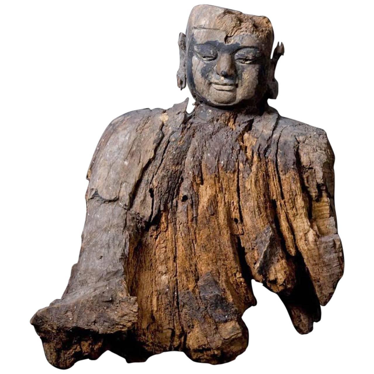 Ming Dynasty Very Rare Wooden Bust of Lohan  For Sale