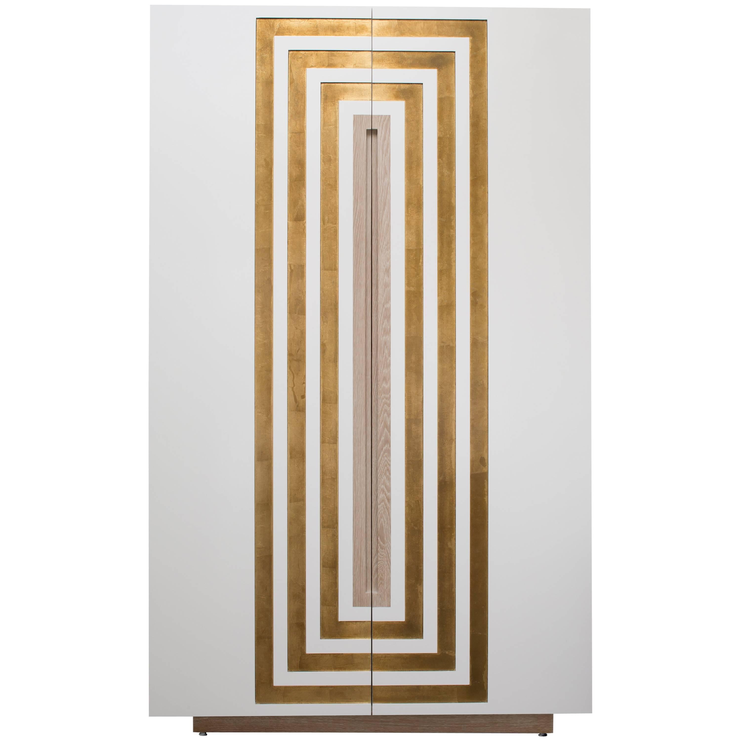 CELESTE BAR CABINET - Modern White Lacquer Oak Body Cabinet with Gold Leaf Inlay