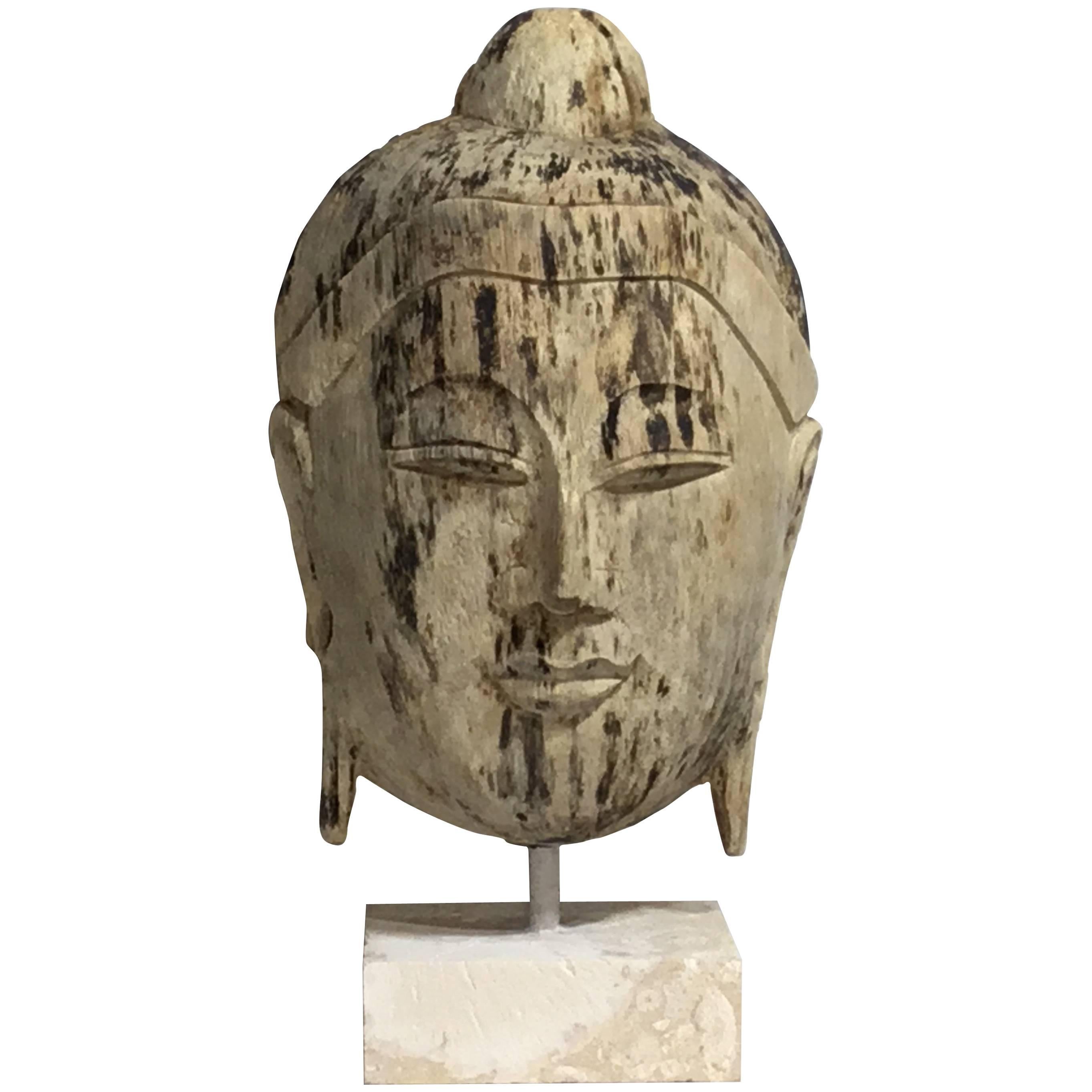 Antique Hand-Carved Wood Buddha Head 
