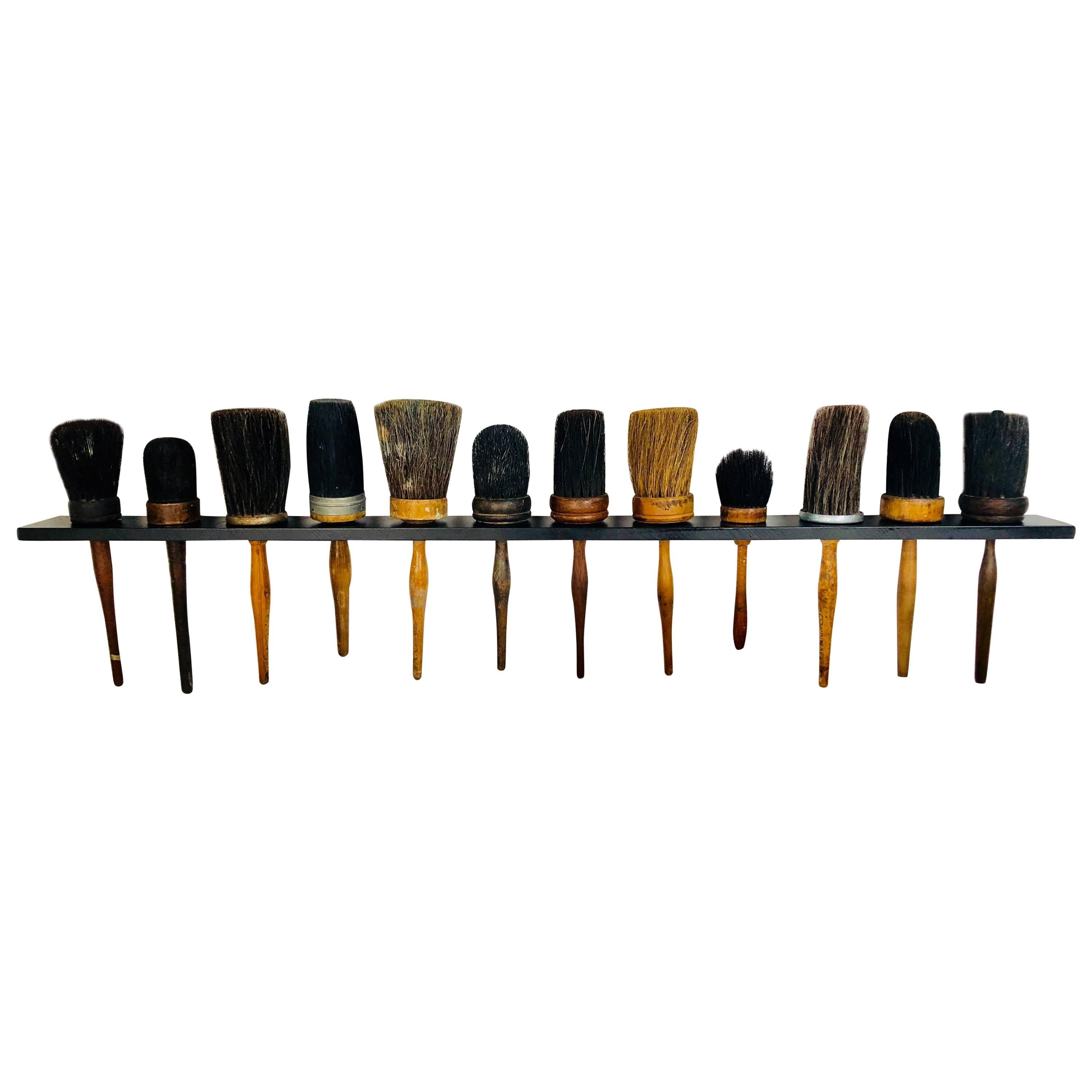 Collection of 12 Antique Shaker Style Turned Wood Handle Horse Hair Brushes