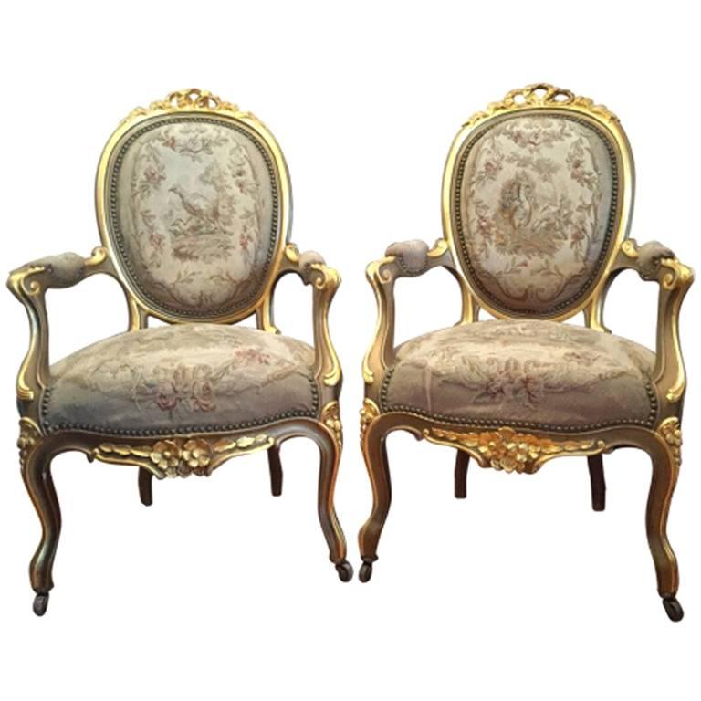 Louis XV Style Giltwood Tapestry Upholstered Fauteuils For Sale