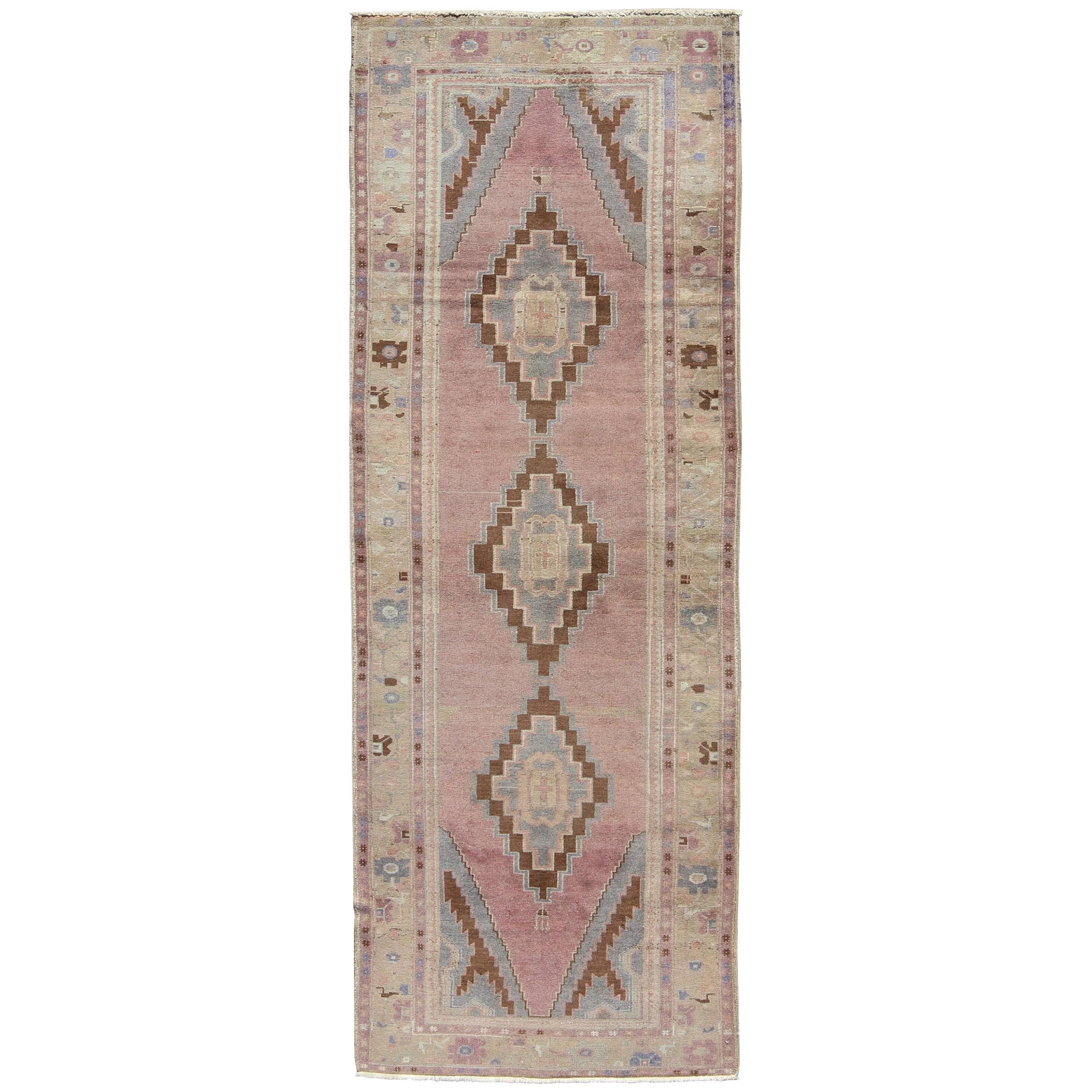 Vintage Turkish Oushak Rug in Lavender, Pink, Brown, Cream and Blue