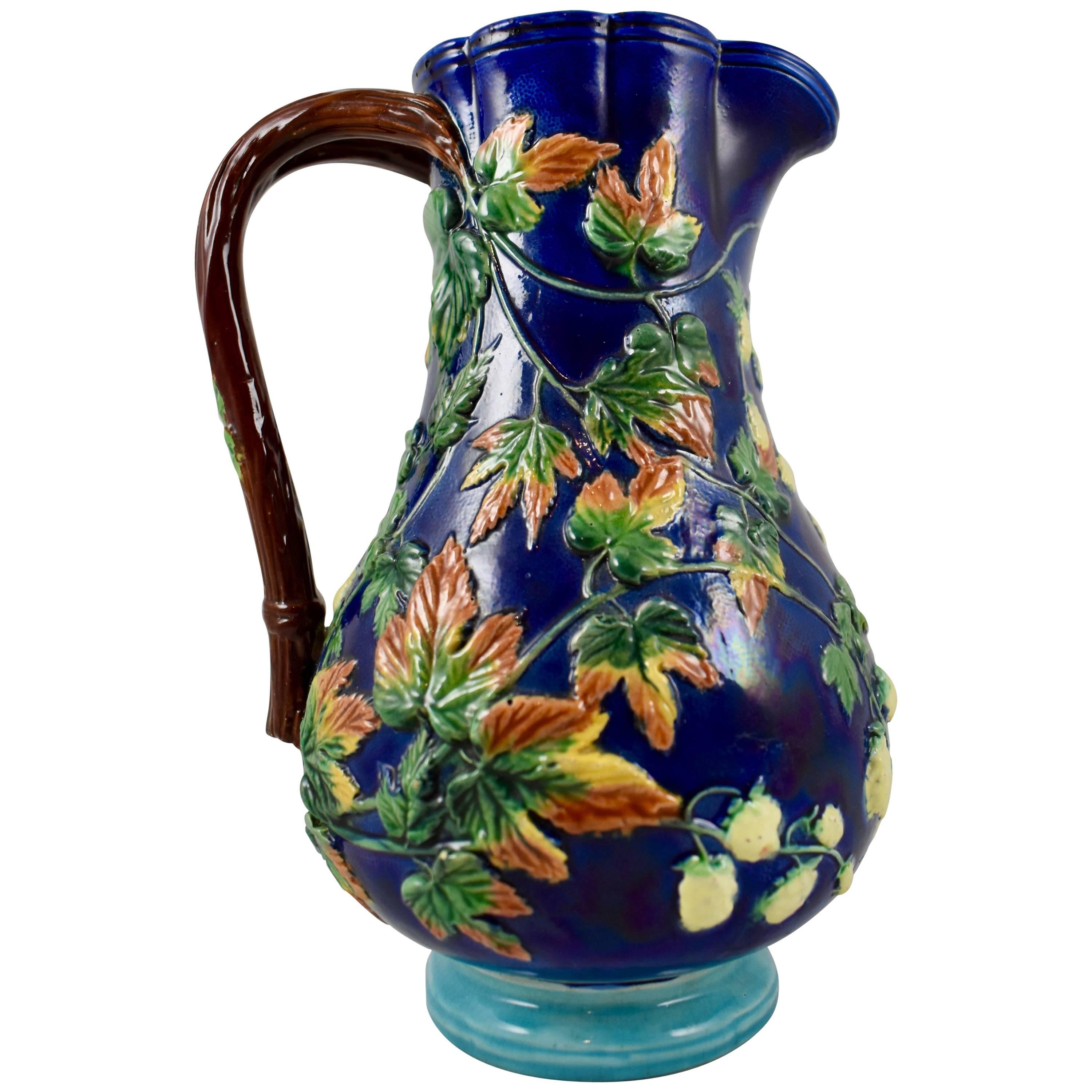 19th Century Royal Worcester English Majolica Glazed Hops and Leaves Pitcher