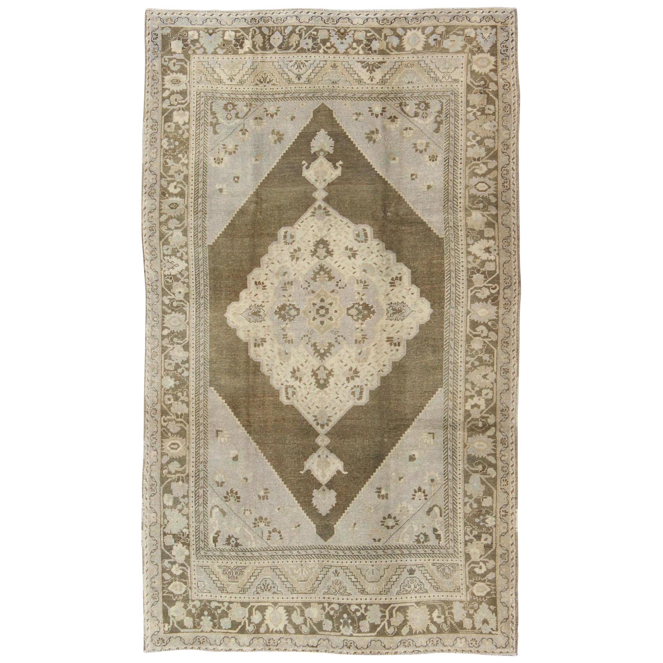 Medallion Design Vintage Turkish Oushak Rug in Nude, Taupe, and Brown For Sale