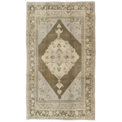 Medallion Design Vintage Turkish Oushak Rug in Nude, Taupe, and Brown