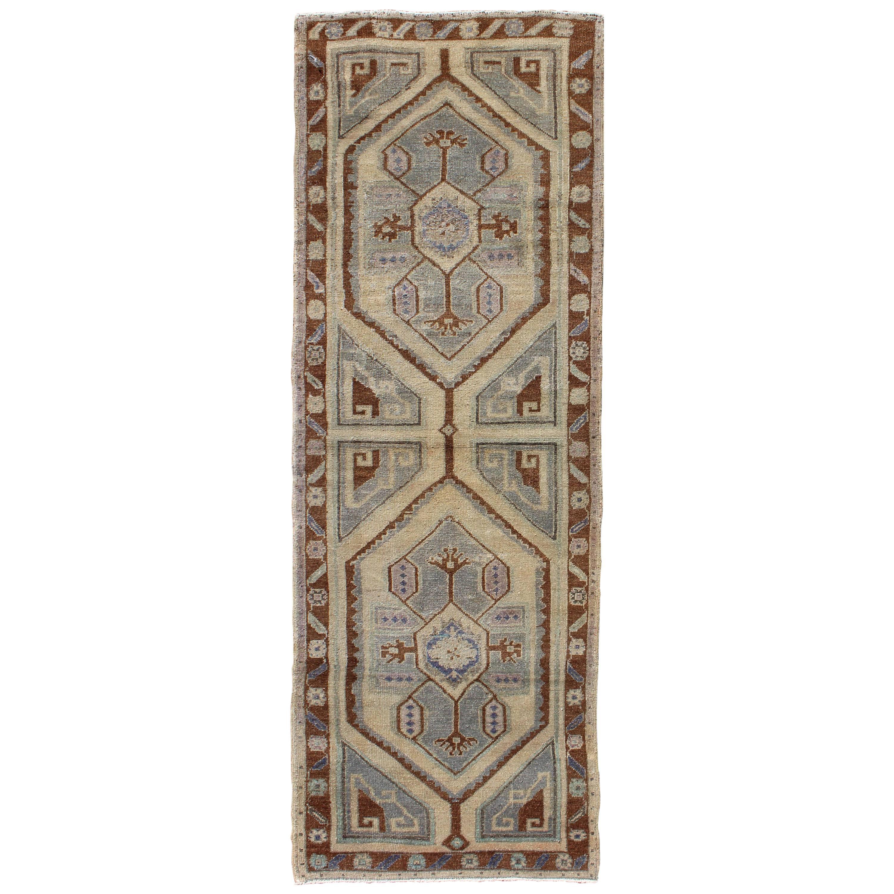 Vintage Turkish Oushak Runner with Two Medallions in Nude, Blue-Gray, Red-Brown