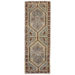 Vintage Turkish Oushak Runner with Two Medallions in Nude, Blue-Gray, Red-Brown