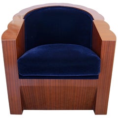Vintage Art Deco Style Club Chair in Mahogany Wood and Blue Mohair Upholstery