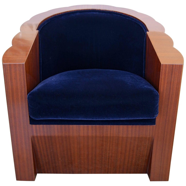Art Deco Style Club Chair in Mahogany Wood and Blue Mohair Upholstery