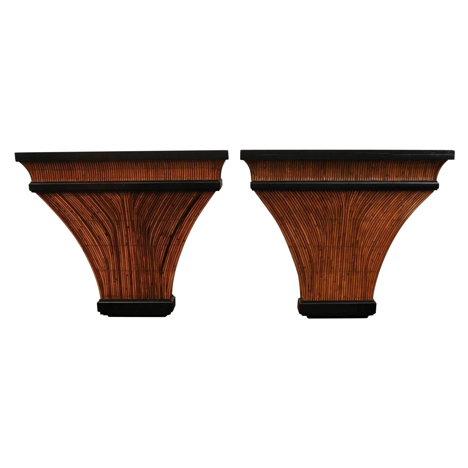 Exceptional Restored Pair of Vintage Bamboo and Black Lacquer Consoles, c 1975 For Sale