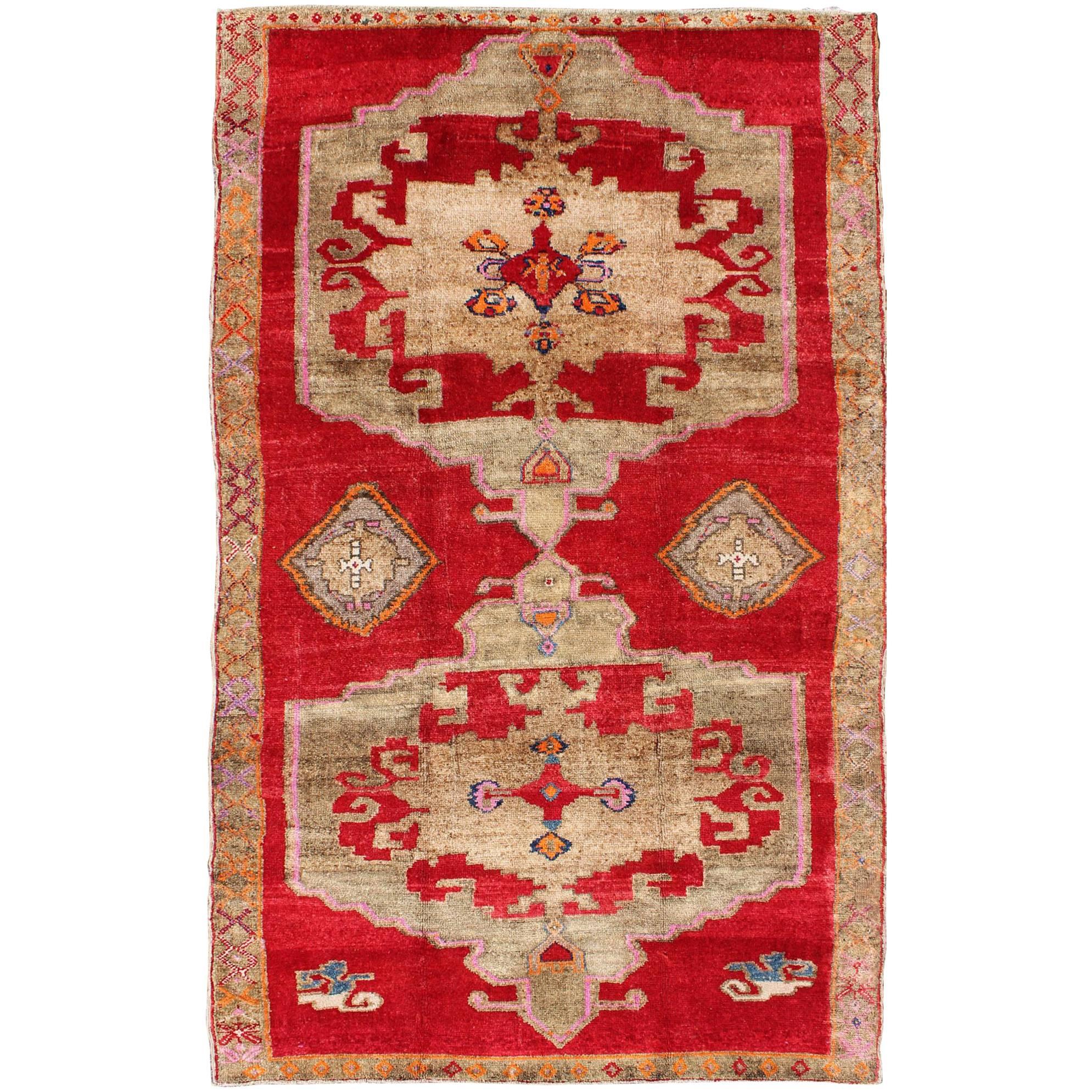 Bright Red and Taupe Vintage Turkish Oushak Rug with Dual Medallion Design For Sale
