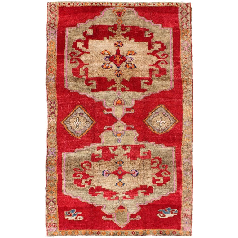 Bright Red and Taupe Vintage Turkish Oushak Rug with Dual Medallion