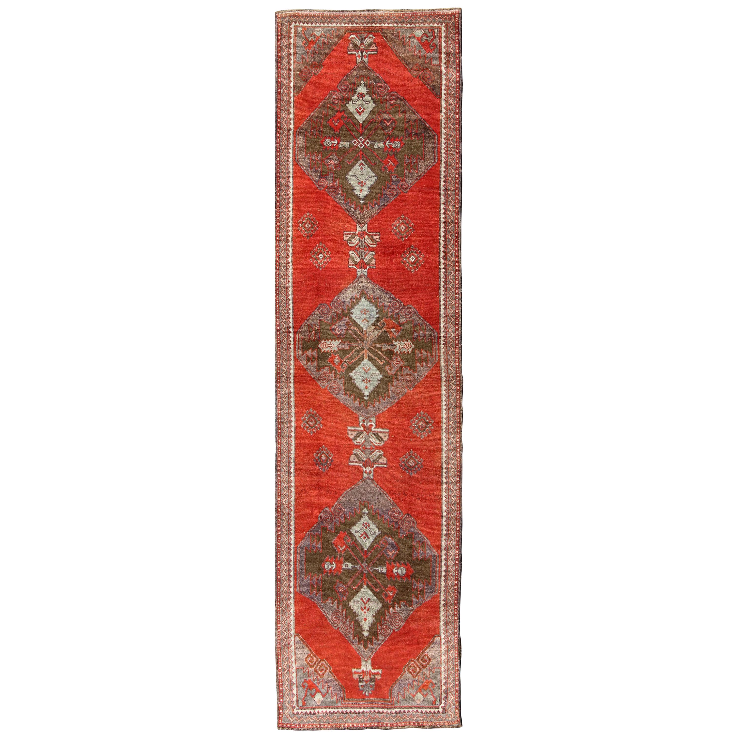 Red and Brown Vintage Turkish Oushak Runner with Three Medallion Design For Sale