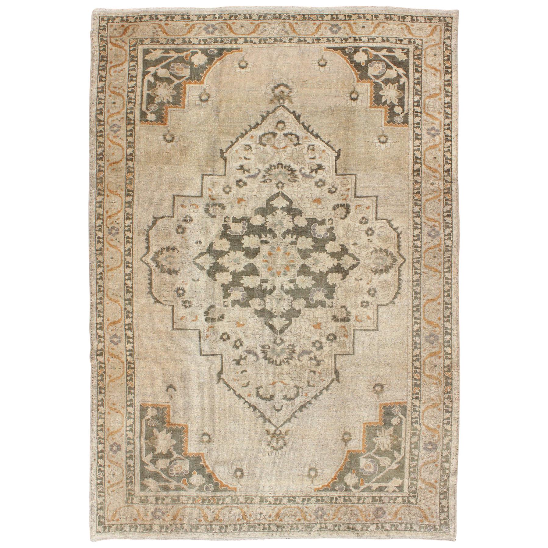 Vintage Turkish  Oushak Rug with Medallion Design in Neutrals & Gray Green For Sale