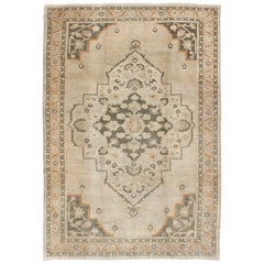 Vintage Turkish  Oushak Rug with Medallion Design in Neutrals & Gray Green