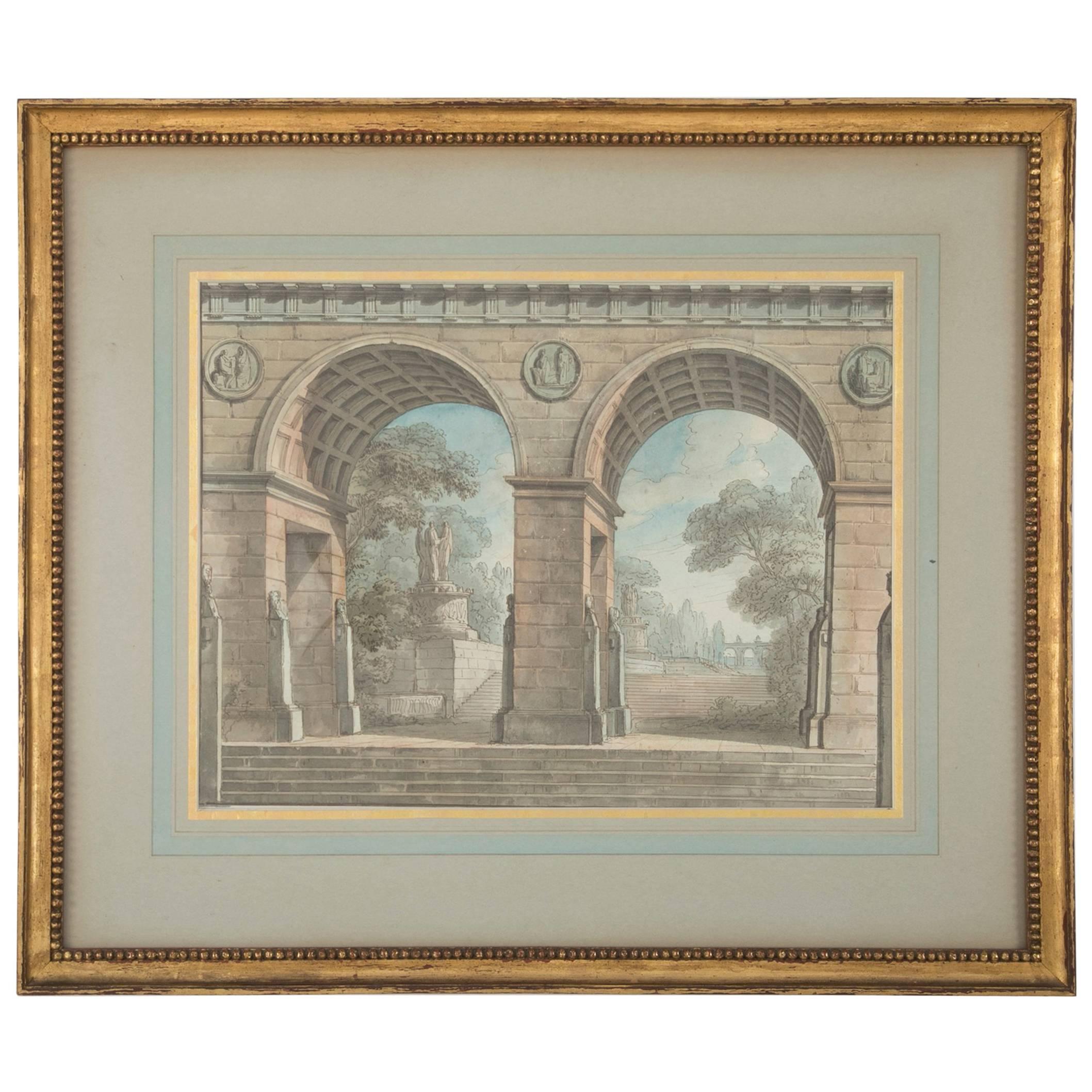 French Neoclassical Architectural Watercolor  
