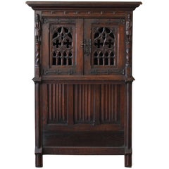 Antique Belgian Dark Oak Gothic Bar Cabinet, circa 1850s