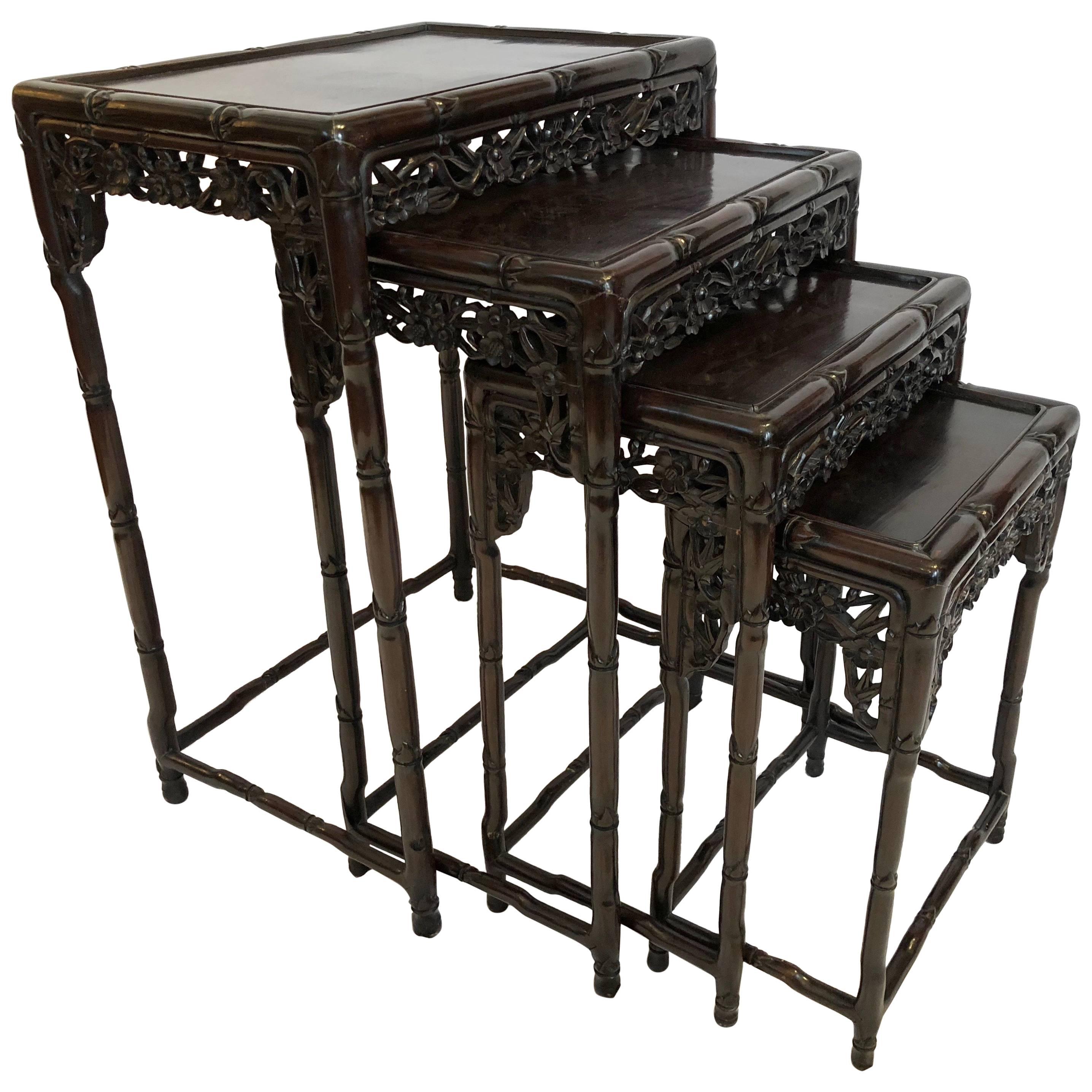 Four Chinese Rosewood Nesting Tables, circa 1920, Floral Motif