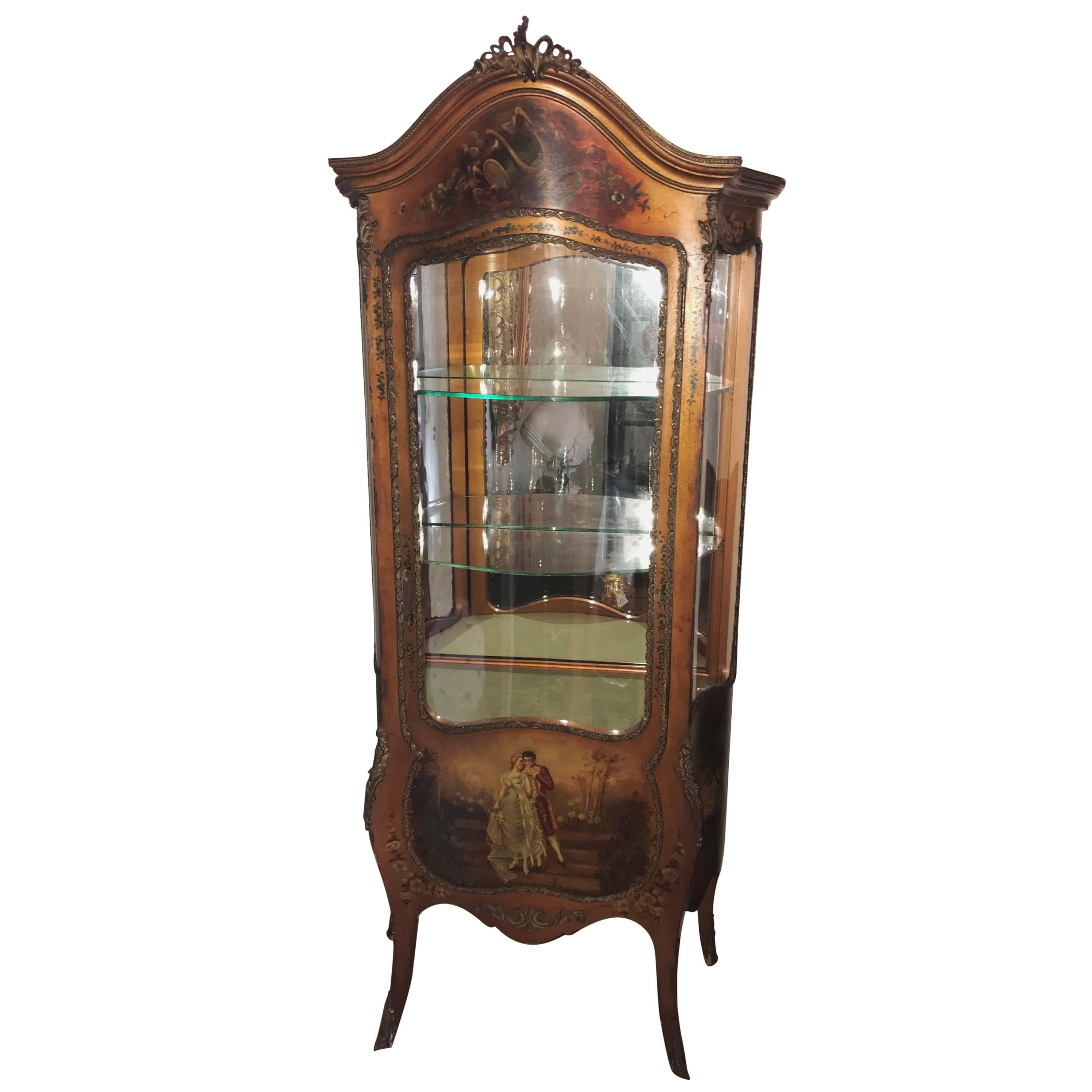 French Vitrine Cabinet, Painted Scene of Lovers, Ormolu, circa 1910 For Sale