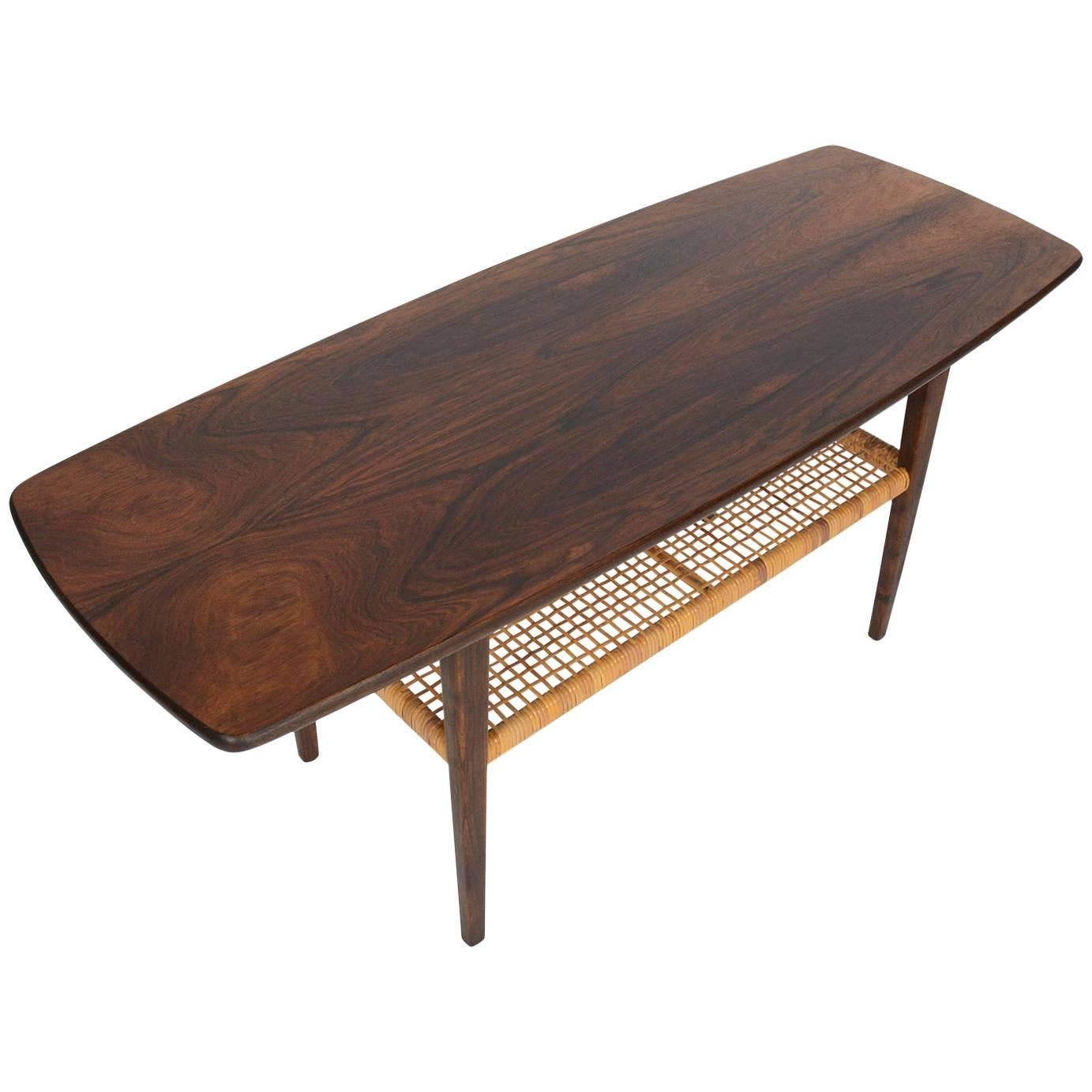 Danish Mid-Century Modern Brazilian Rosewood adn Cane Surfboard Coffee Table