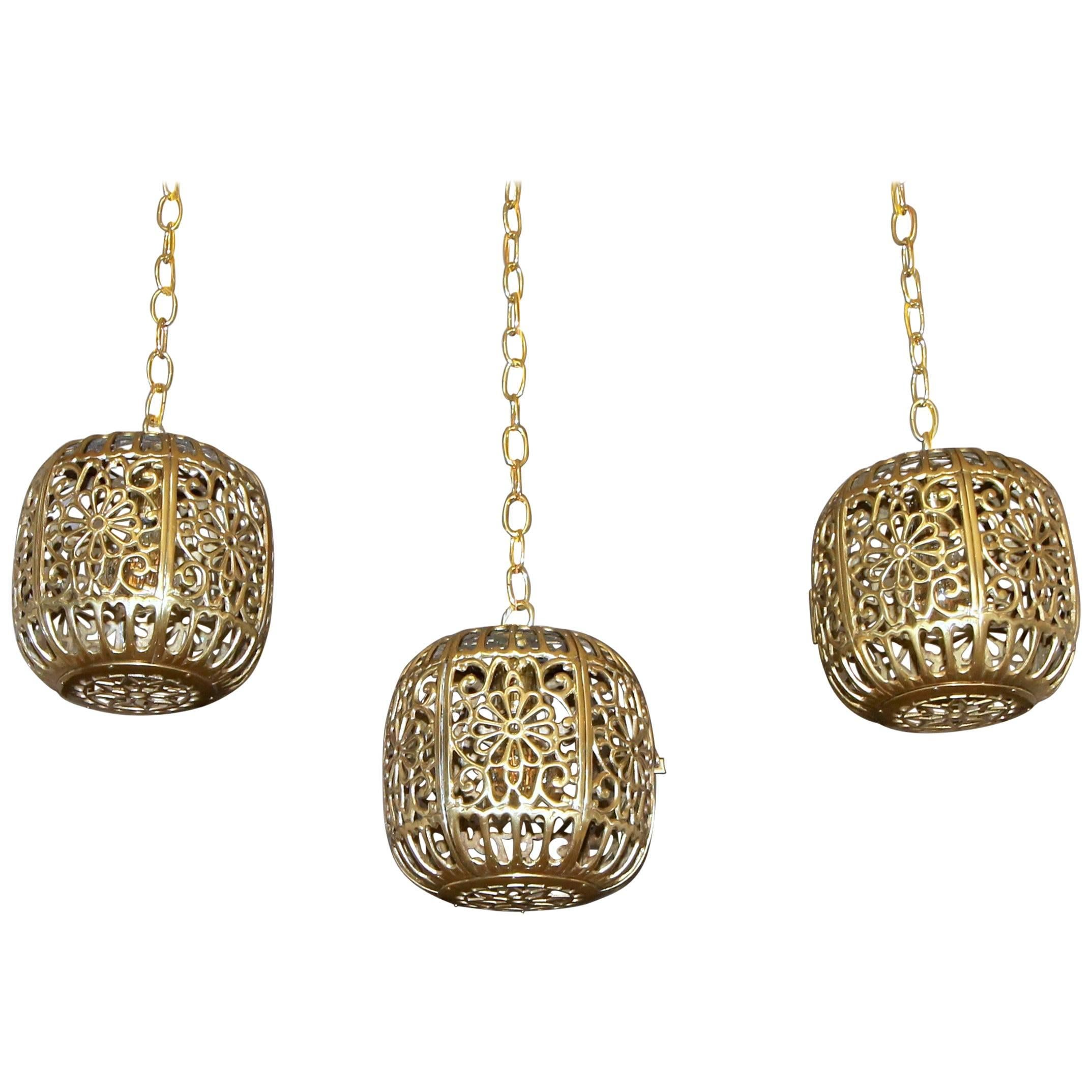 Trio Pierced Brass Asian  Ceiling Pendant Lights For Sale