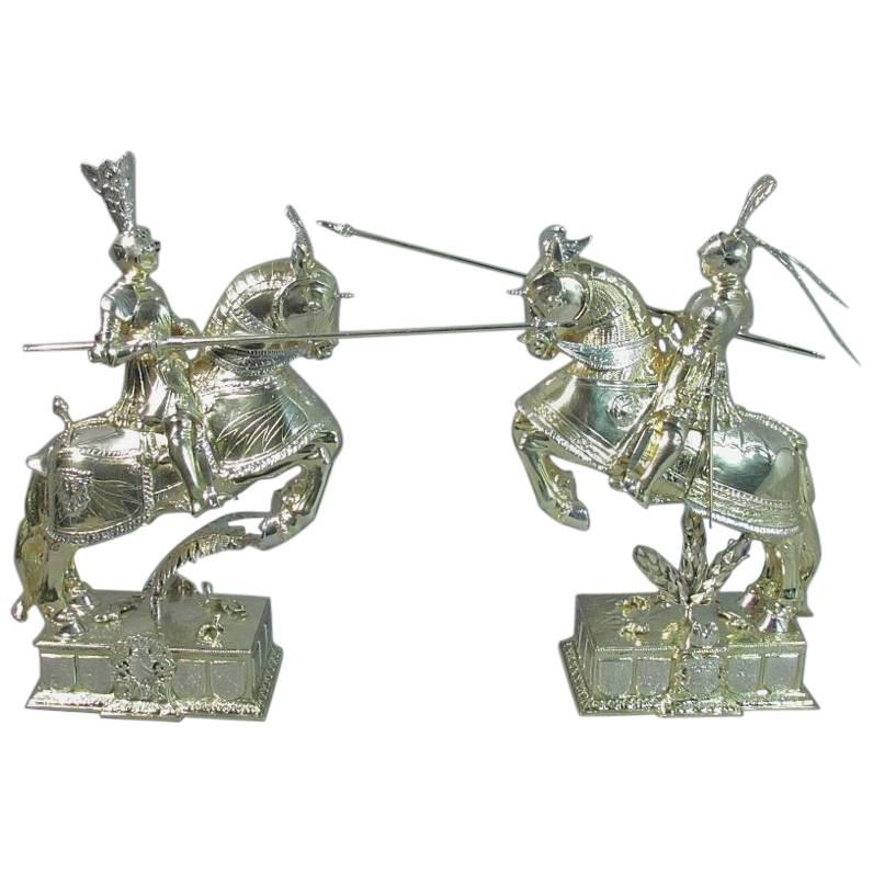 Pair of German Silver Knights on Horseback For Sale