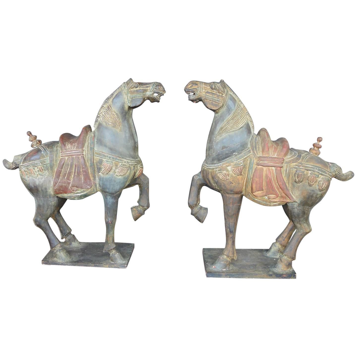 Pair of Cloisonné Tang Style Horses For Sale at