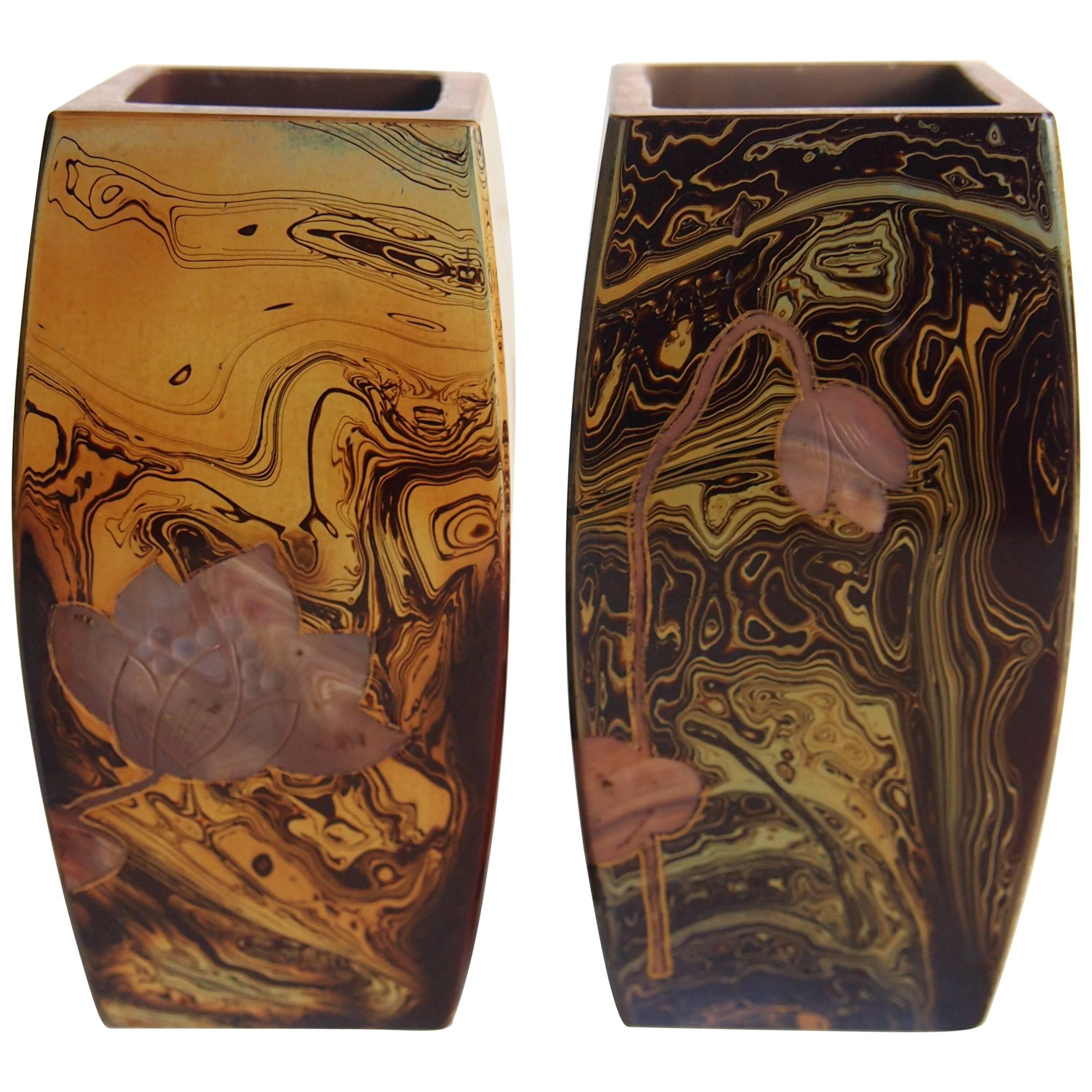 Pair of Art Nouveau Riedel Lithyalin Barrel Vases