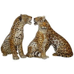 Set of Three Hand-Painted Porcelain Leopard Sculpture by Ronzan, Italy, 1970s