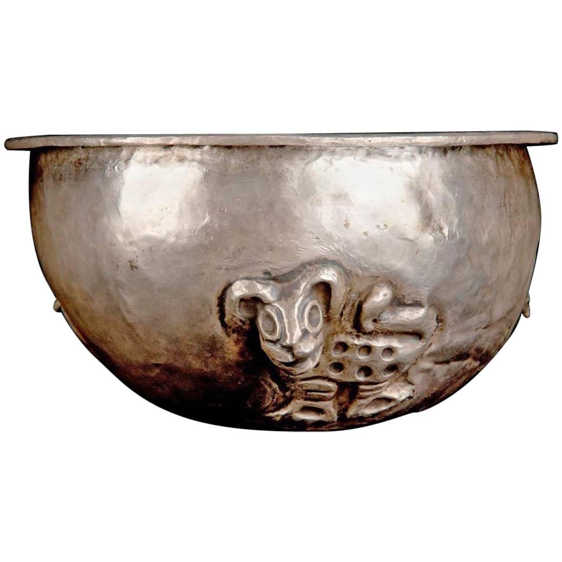 Pre-Columbian Chimu Silver Bowl with Three Felines in Repousse Technique