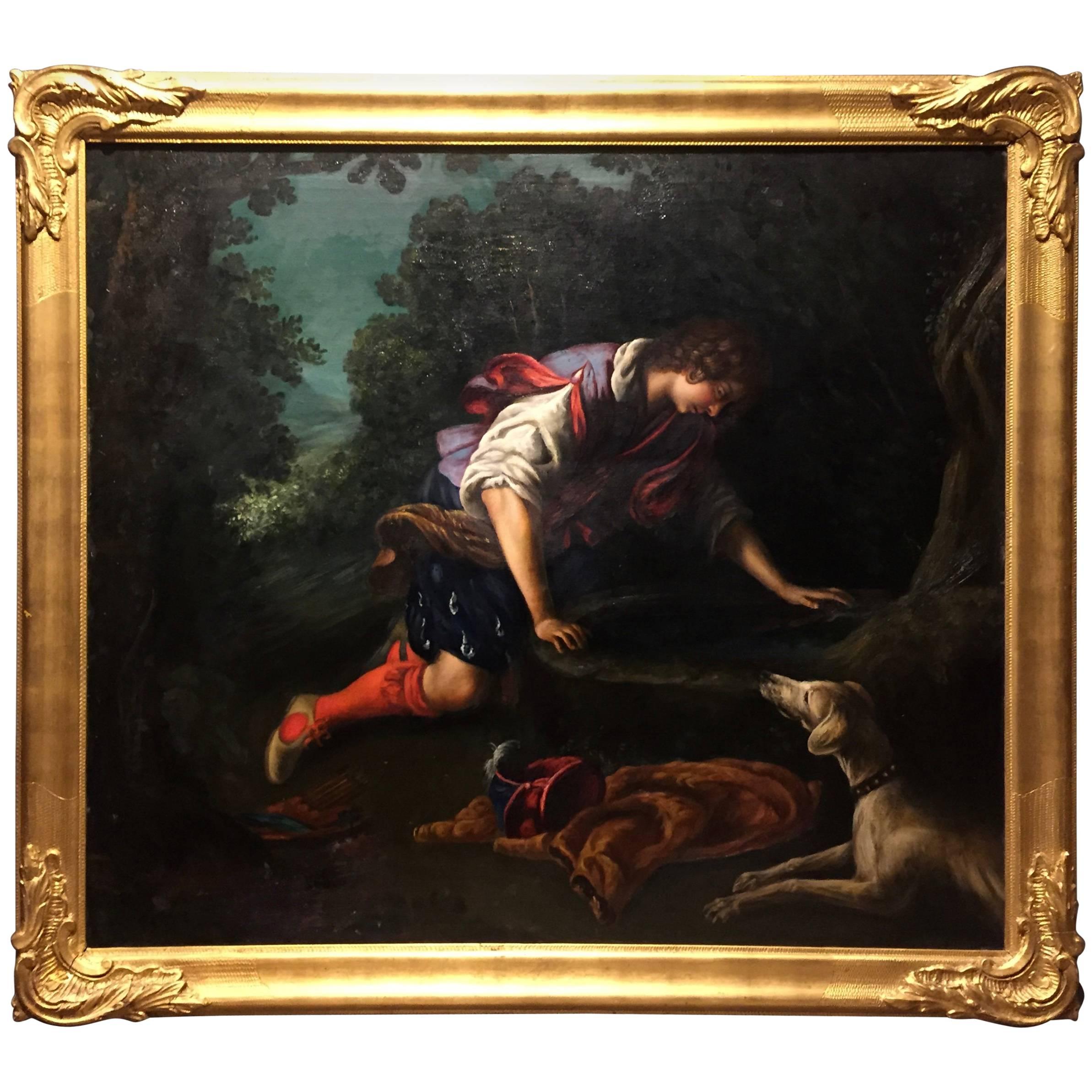 1876 Painting by Bianchini, after Francesco Curradi, "Narcissus at the Fountain" For Sale