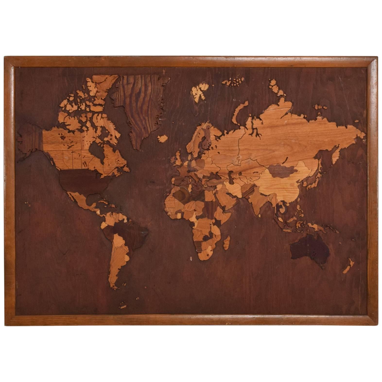 Vintage Antique Wood World Map Custom Carpentry Work