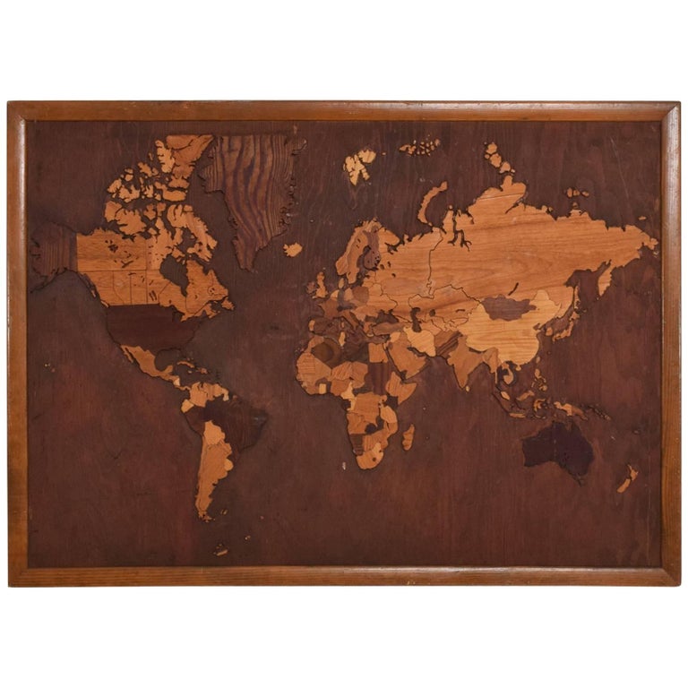 Vintage Antique Wood World Map Custom Carpentry Work For Sale at 1stdibs