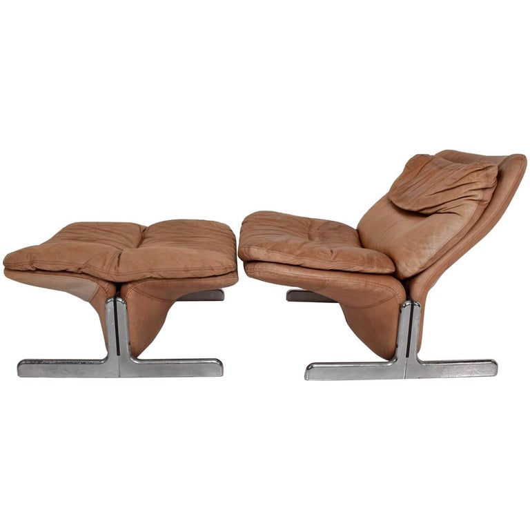 MidCentury Modern Leather Lounge Chair and Ottoman by Ammanati and